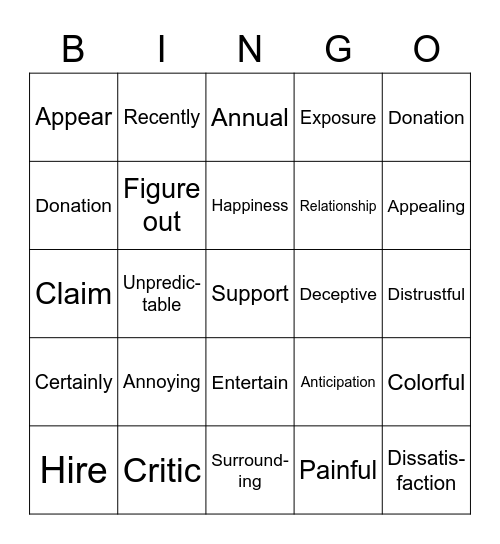 Vocabulary Bingo Card