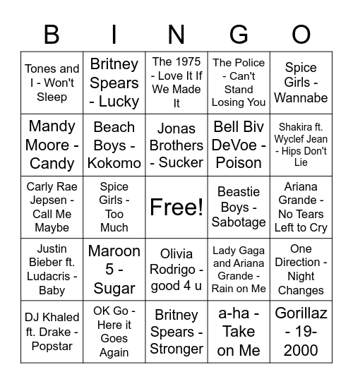 DISH Music Video Bingo Round 2 Bingo Card