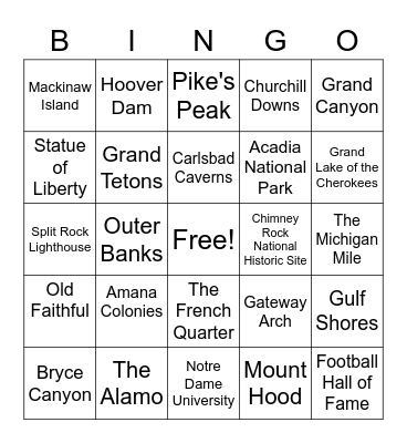U.S. Vacation Destinations Bingo Card