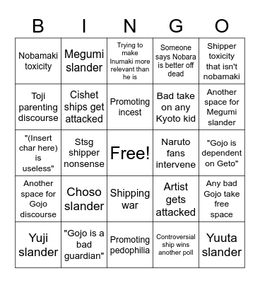 JJK Hiatus Bingo Card
