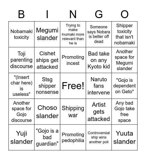 JJK Hiatus Bingo Card