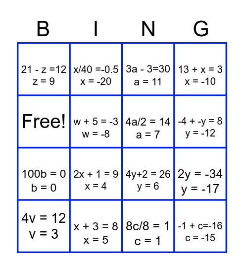 Equations and Solutions Bingo Card