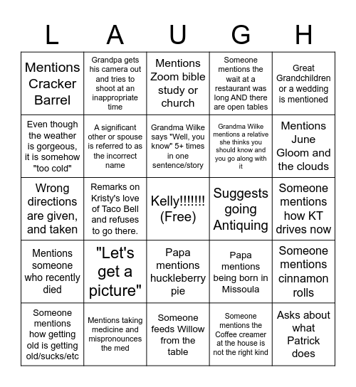 Grandparent's Weekend Bingo Card