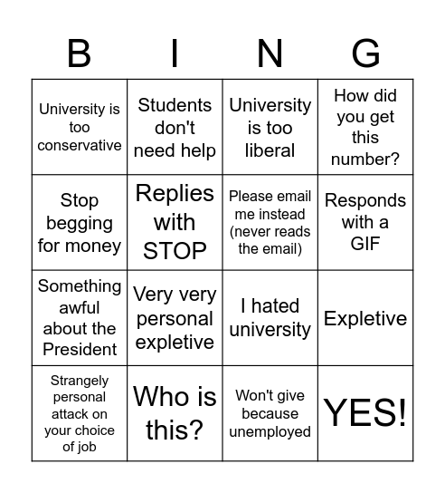 Nondonor Texting Bingo Card