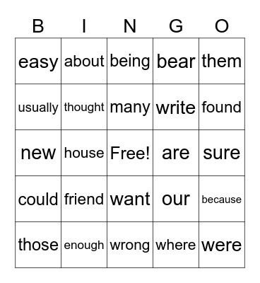Sight Word Bingo Card