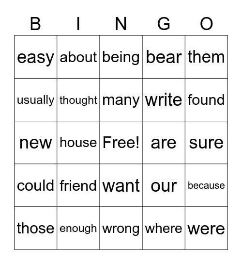 Sight Word Bingo Card