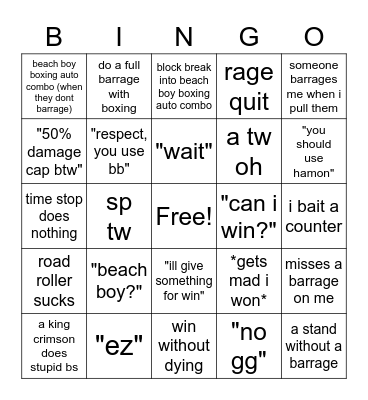 yba beach boy 1v1s Bingo Card