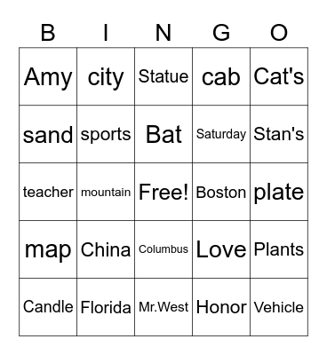 Noun Bingo Card