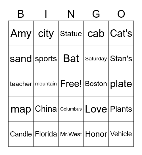 Noun Bingo Card