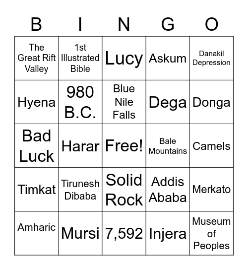 Travel to Ethiopia Bingo Card