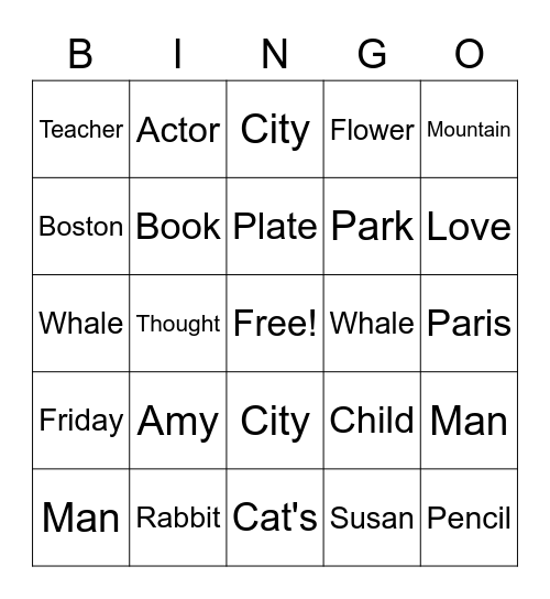 Noun Bingo Card