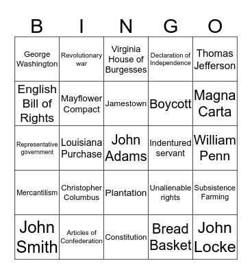 Colonial America Bingo Card