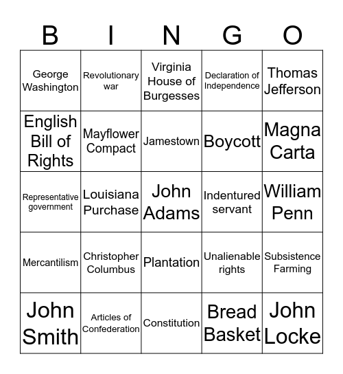 Colonial America Bingo Card