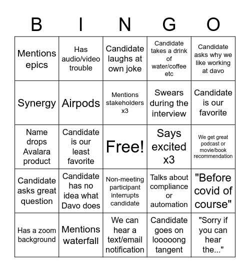 PM Interview Bingo Card