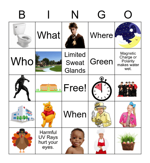 WH (Who, What, When, Where, Why)  BINGO Card