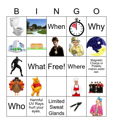 WH (Who, What, When, Where, Why)  BINGO Card