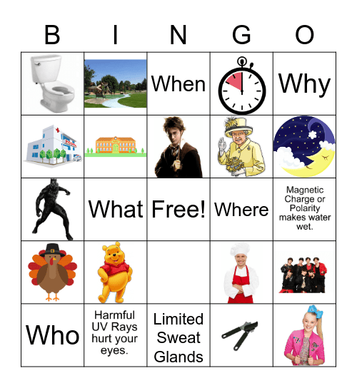 WH (Who, What, When, Where, Why)  BINGO Card