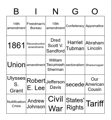 Civil War & Reconstruction Bingo Card