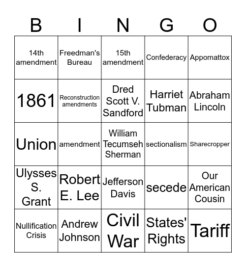 Civil War & Reconstruction Bingo Card