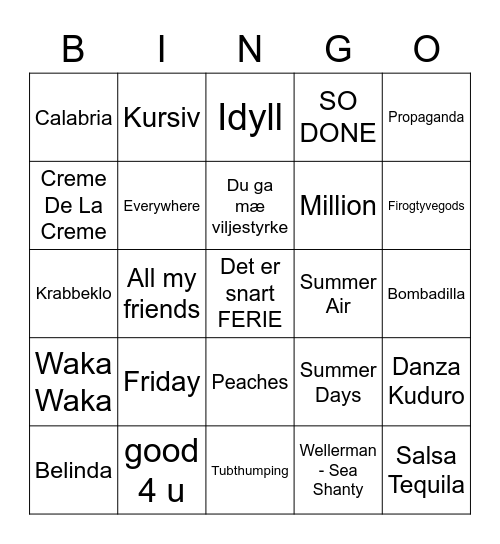 Sommermusikkbingo! Bingo Card