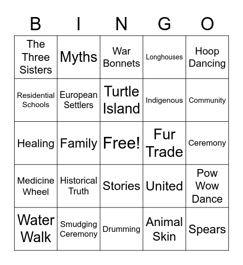 Indigenous People's Day: Bingo Card