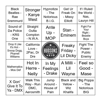 Hip Hop Bingo Card