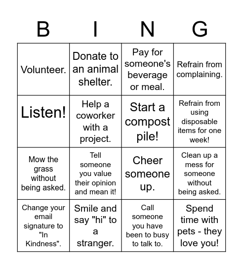 Be Kind Bingo Card