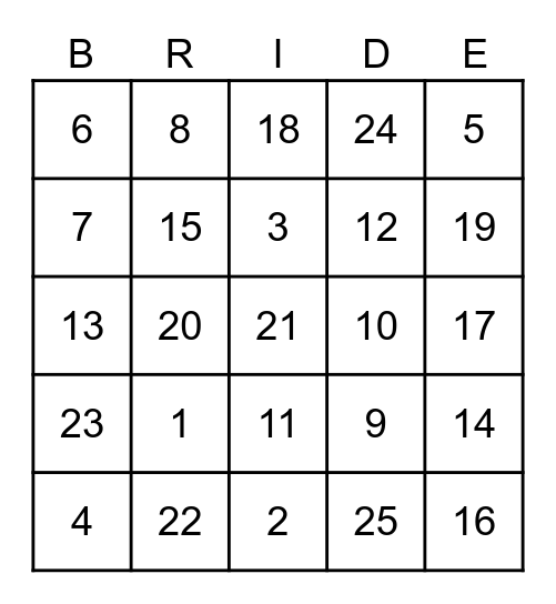 Bridal bingo Card