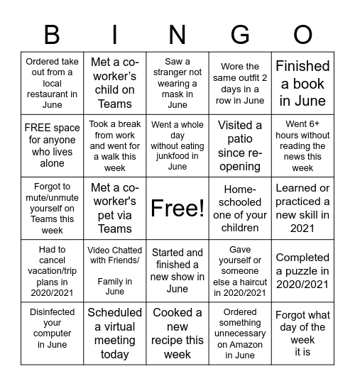 Work From Home BINGO Card