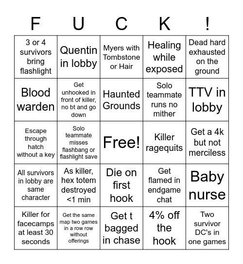 DBD Depression Bingo Card