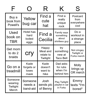 Vacation Blackout FORKS Bingo Card