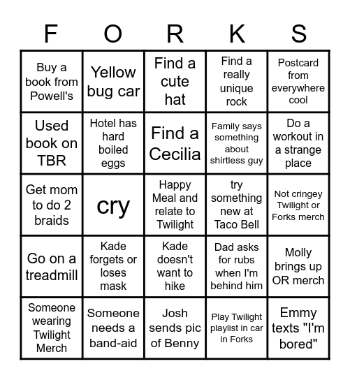 Vacation Blackout FORKS Bingo Card