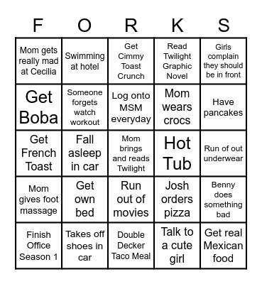 Vacation Blackout FORKS Bingo Card