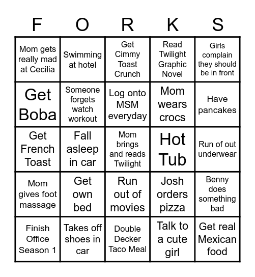 Vacation Blackout FORKS Bingo Card