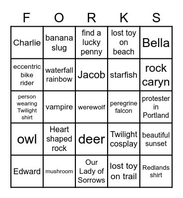 Vacation Blackout FORKS Bingo Card