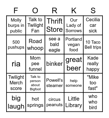Vacation Blackout FORKS Bingo Card