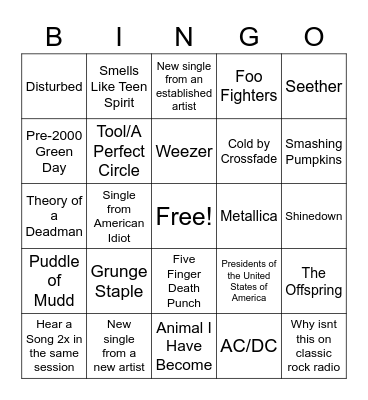 Rock is Dead Bingo Card
