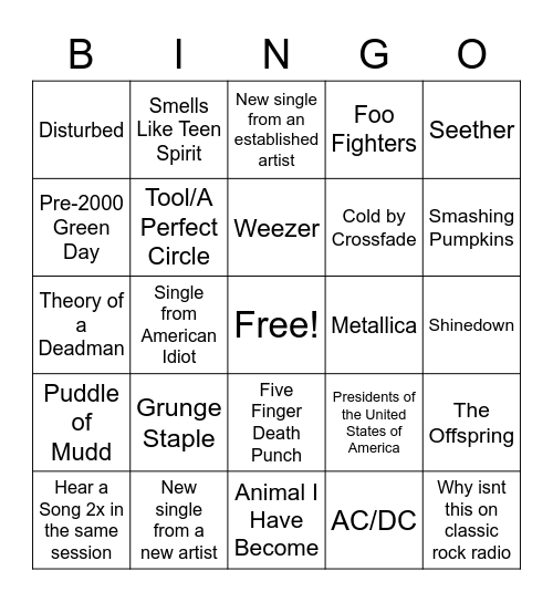 Rock is Dead Bingo Card