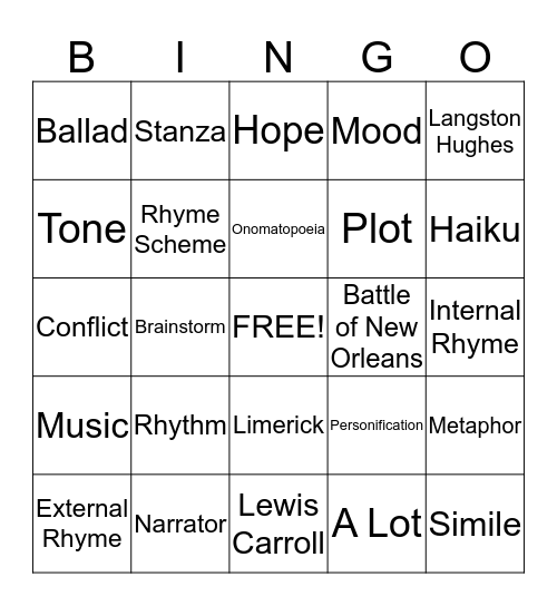 Poetry Review Bingo Card