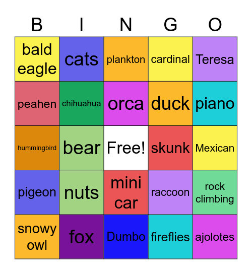 Eva's 8th birthday Bingo Card