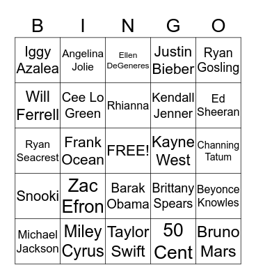 Celebrity Bingo  Bingo Card