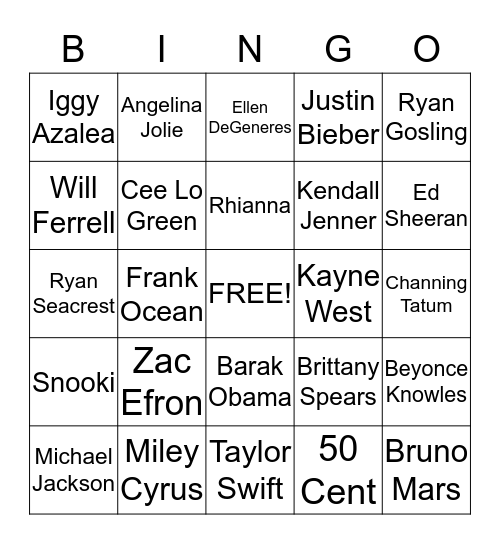 Celebrity Bingo  Bingo Card