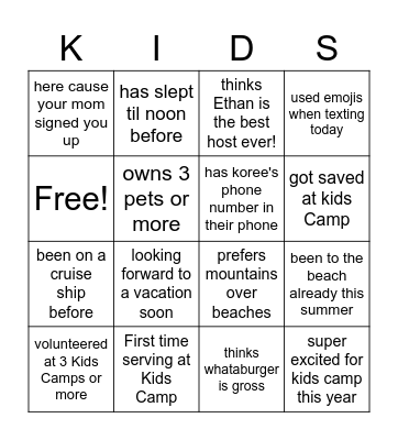 KIDS CAMP BINGO Card