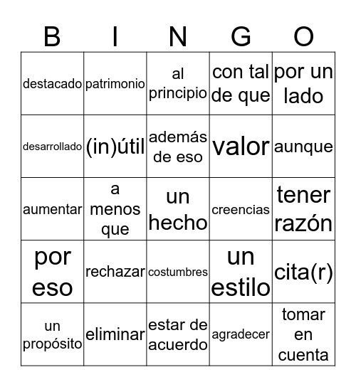 español 4 vocabulario  Bingo Card