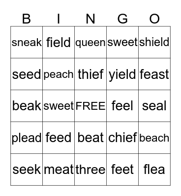 Long Vowel E Bingo Card