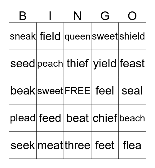 Long Vowel E Bingo Card