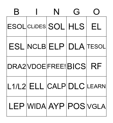 English Language Learner Acronym Bingo! Bingo Card
