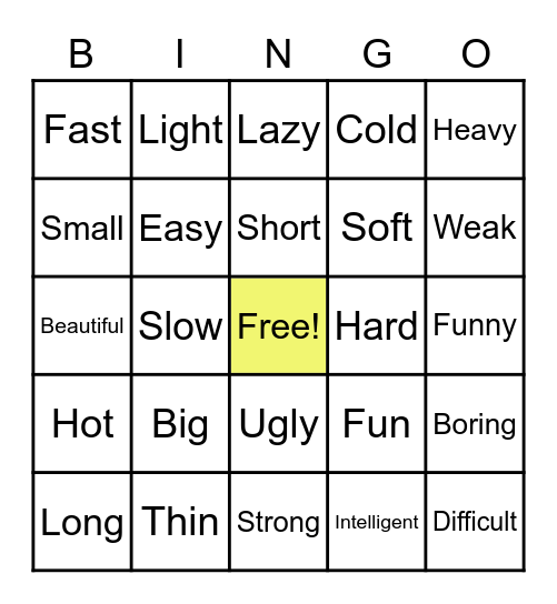 Adjective Bingo Card