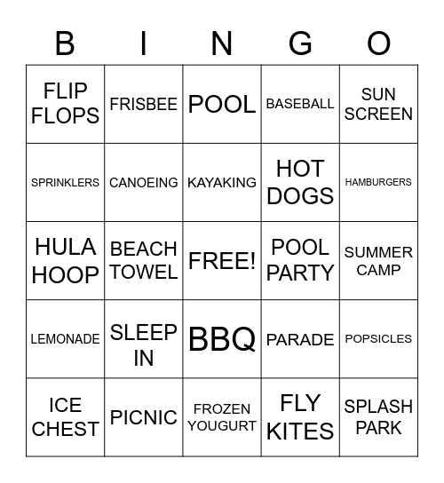 SUMMER Bingo Card