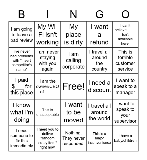 Things Angry Guest's Say Bingo Card
